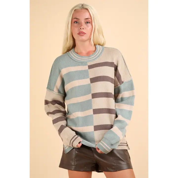 Color Block Striped Knit Sweater