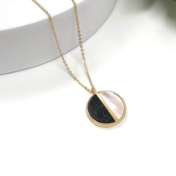 Round Medal Charm Necklace- Black