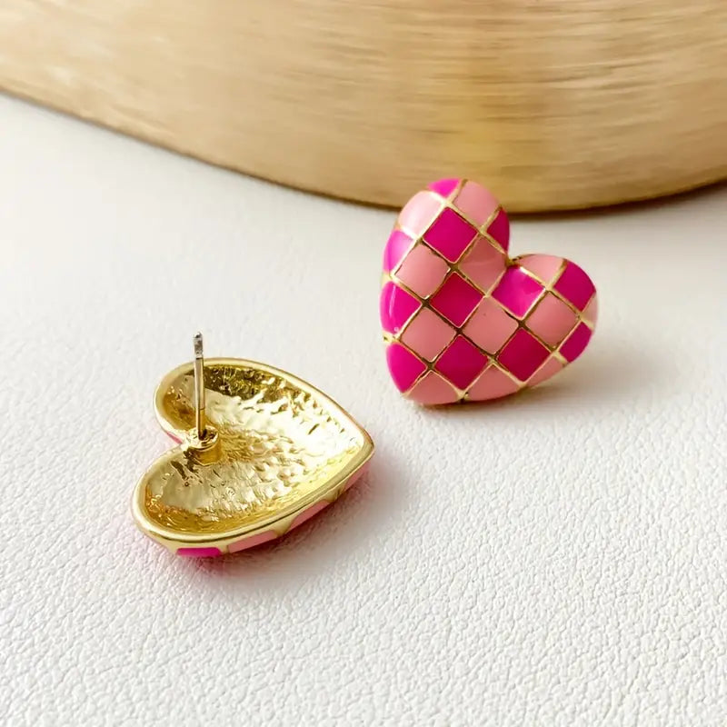 Pink Checkered Heart Earrings
