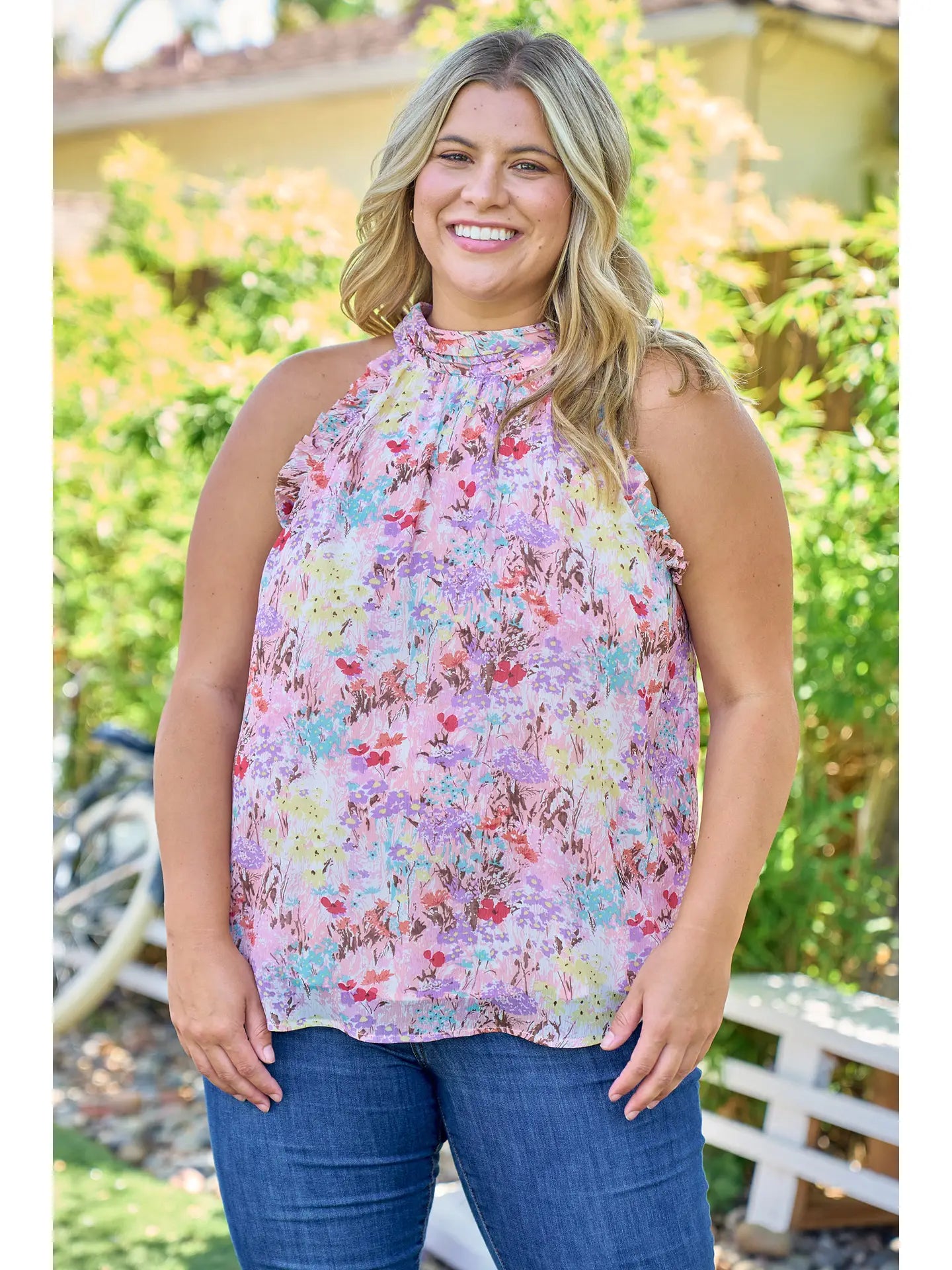 Watercolor Floral Ruffle Neck Top