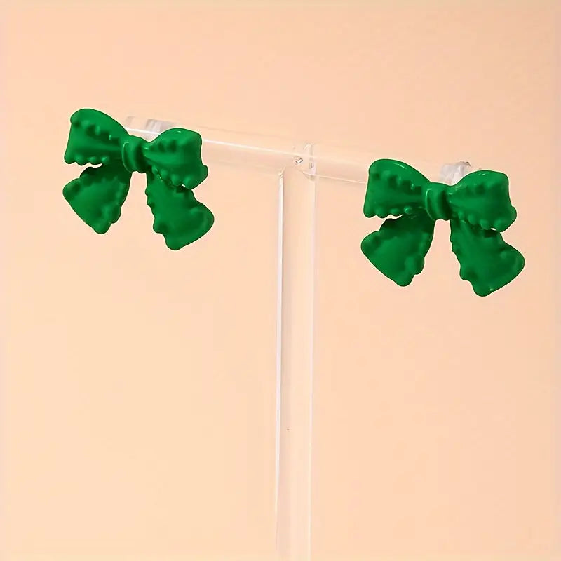 Green Bow Stud Earrings