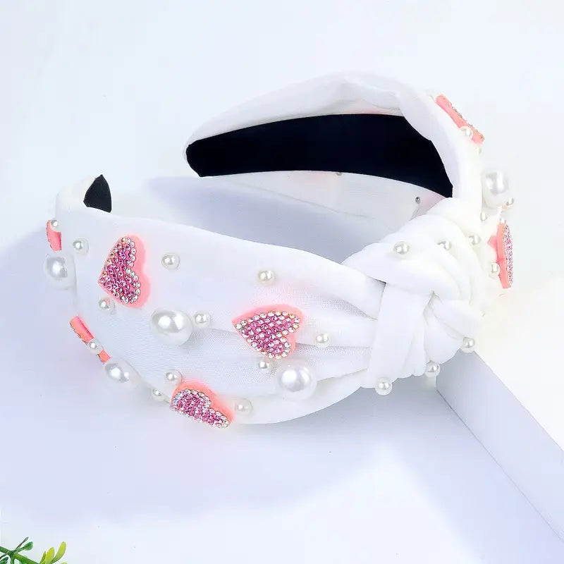 White Jeweled Heart Headband with Pearls