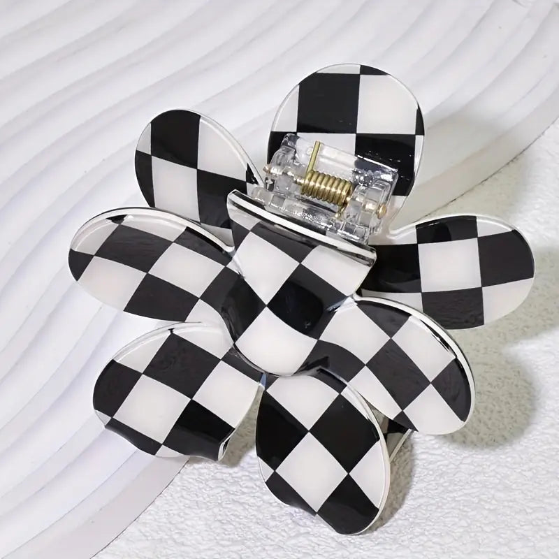 Black and White Checkered Flower Clip
