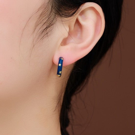 Vintage Star Huggie Hoop Earrings- Blue