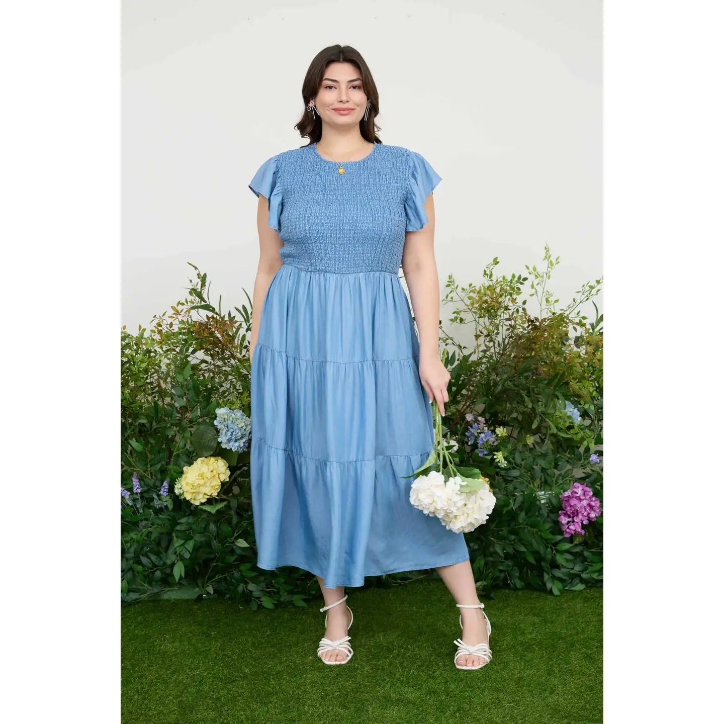 Chambray Tiered Midi Dress