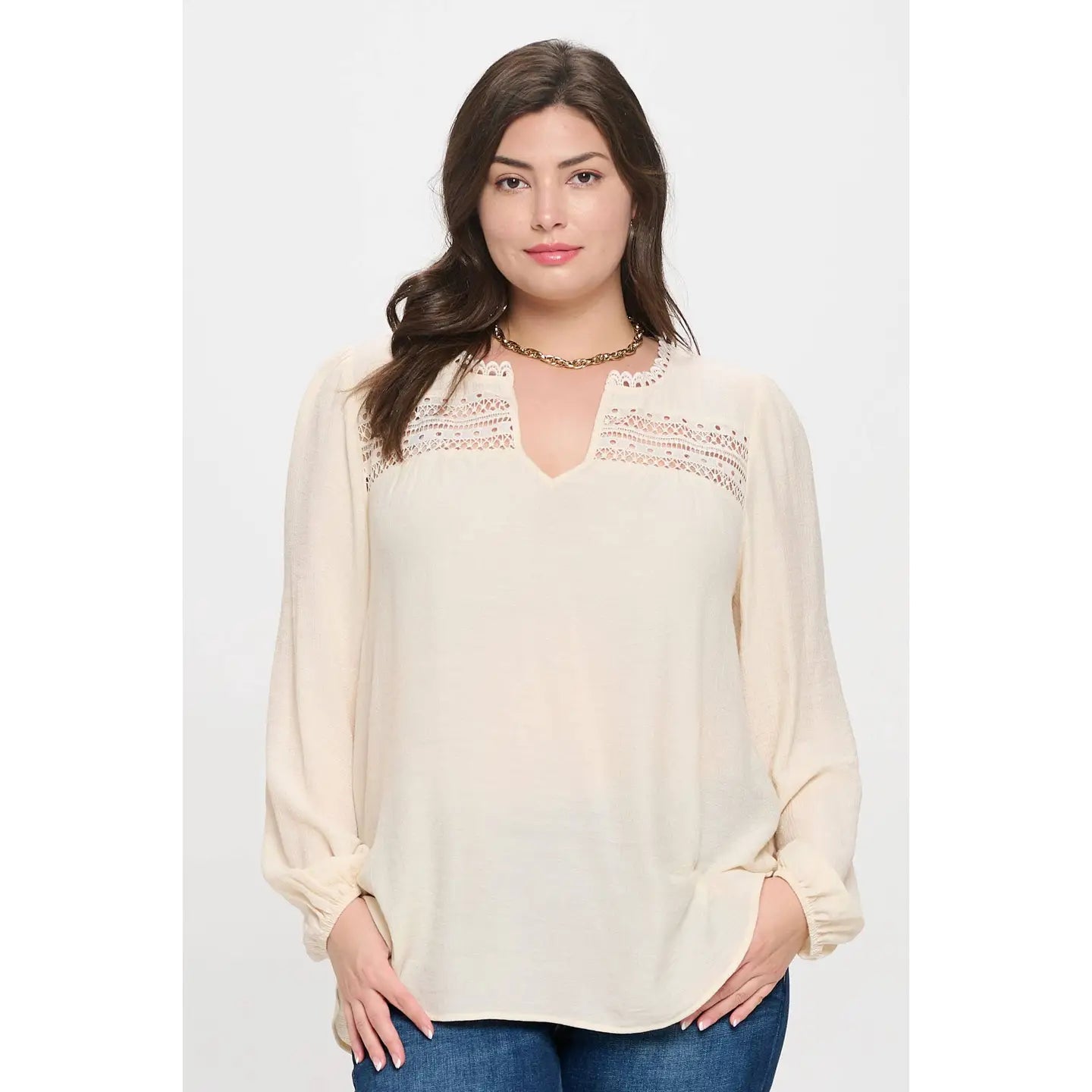 Split Neck Eyelet Trim Blouse