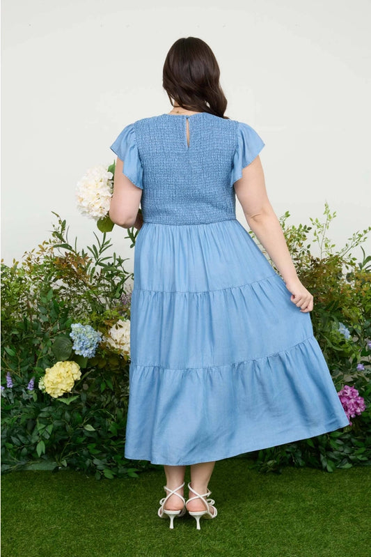 Chambray Tiered Midi Dress