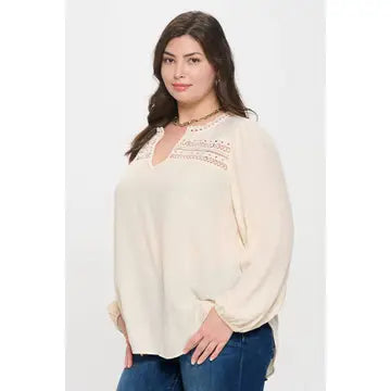 Split Neck Eyelet Trim Blouse
