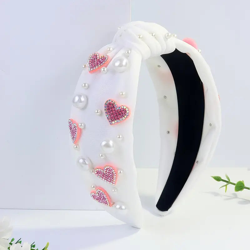 White Jeweled Heart Headband with Pearls