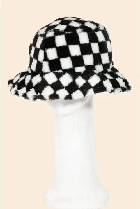 Black Fuzzy Checkered Hat