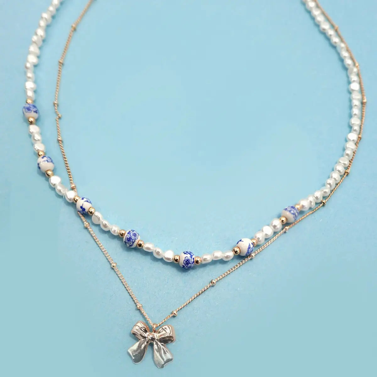 Blue Porcelain Bow Layer Necklace