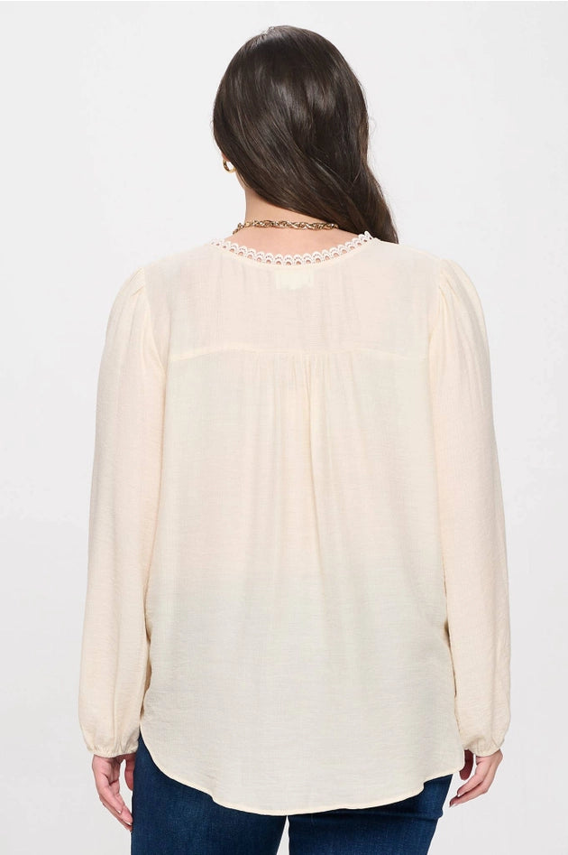 Split Neck Eyelet Trim Blouse