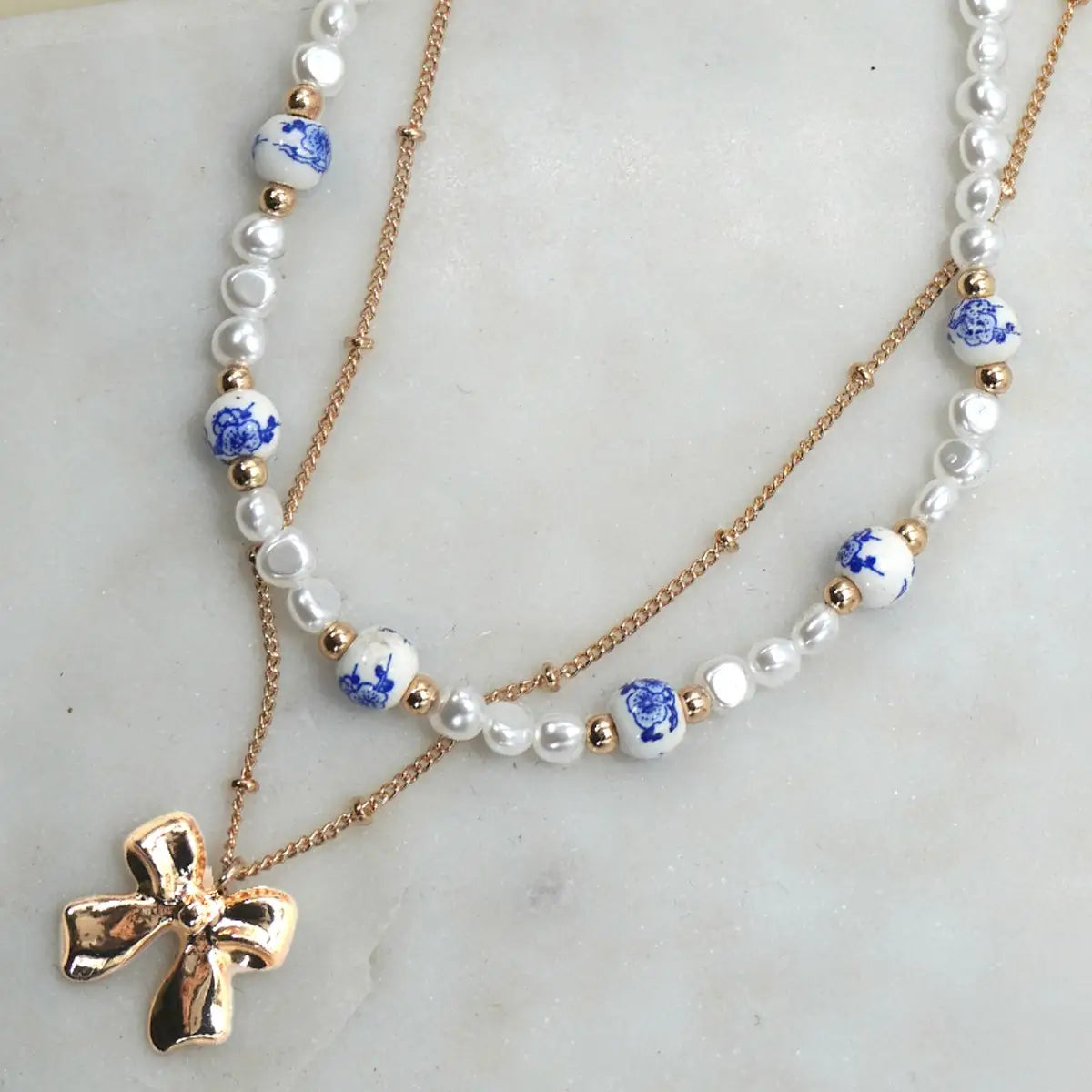 Blue Porcelain Bow Layer Necklace