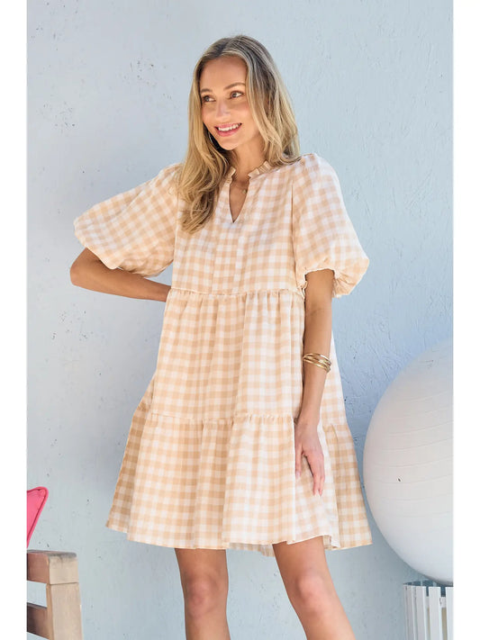 Split V Neck Checkered Tiered Dress