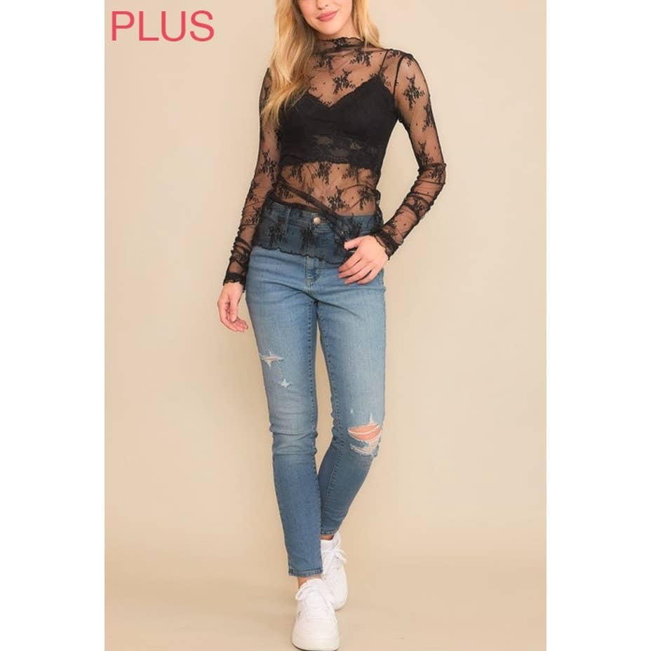 Mesh Lace High Neck Long Sleeve Fitted Top- Black