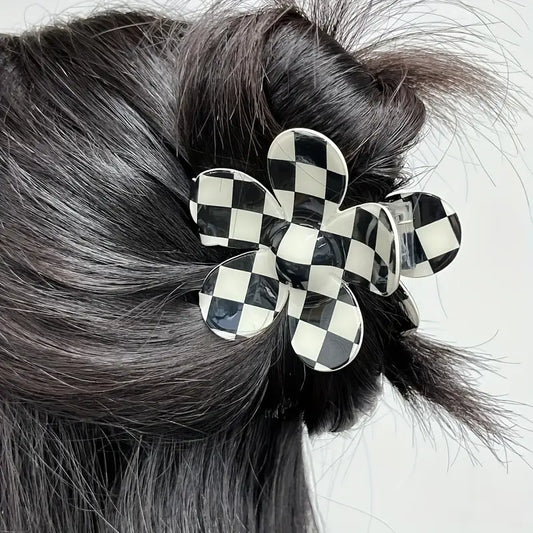 Black and White Checkered Flower Clip