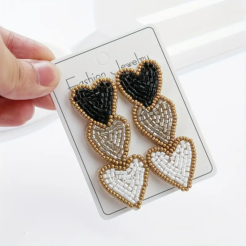 Black and White Beaded Heart Earrings