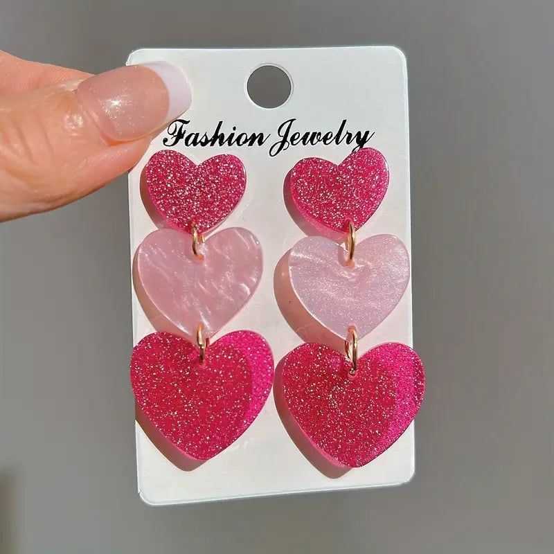 Pink Glitter Heart Trio Earrings