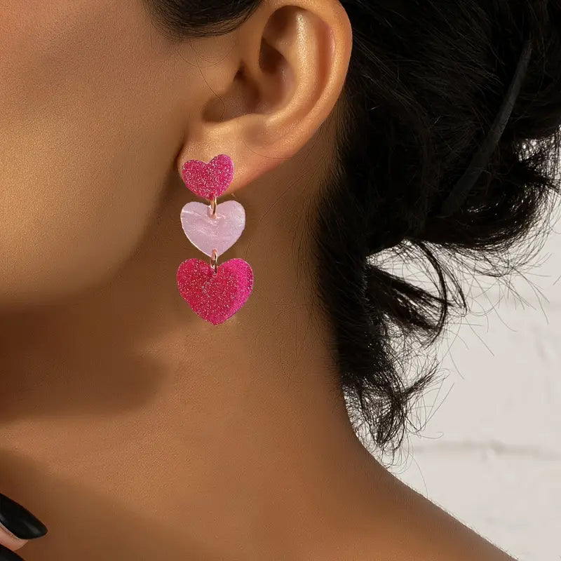 Pink Glitter Heart Trio Earrings