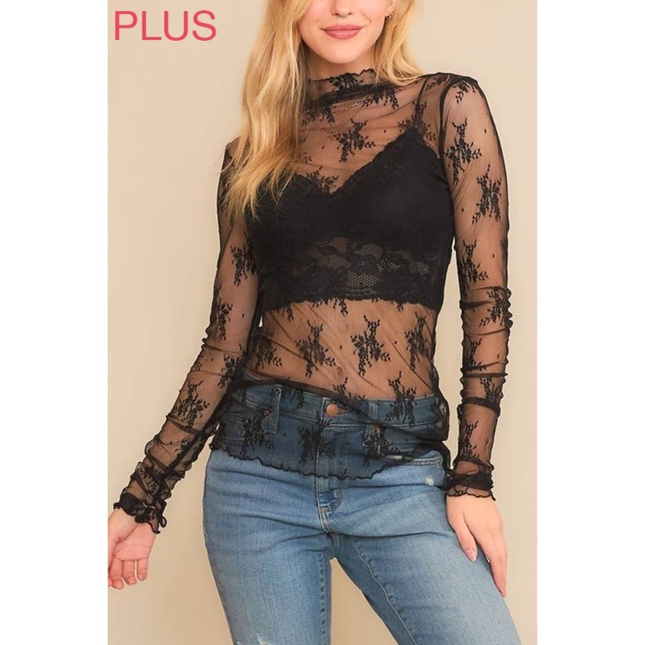 Mesh Lace High Neck Long Sleeve Fitted Top- Black