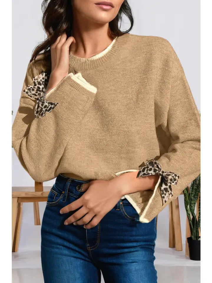 Leopard Bow Split Cuff Sweater