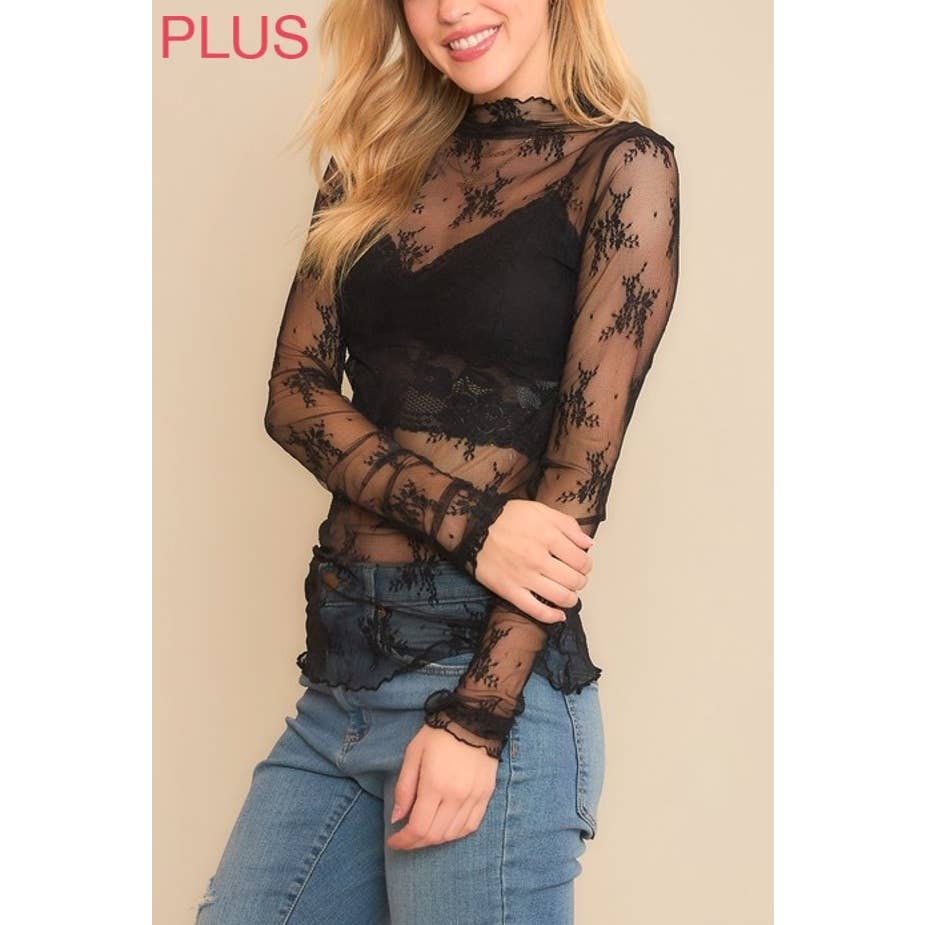 Mesh Lace High Neck Long Sleeve Fitted Top- Black