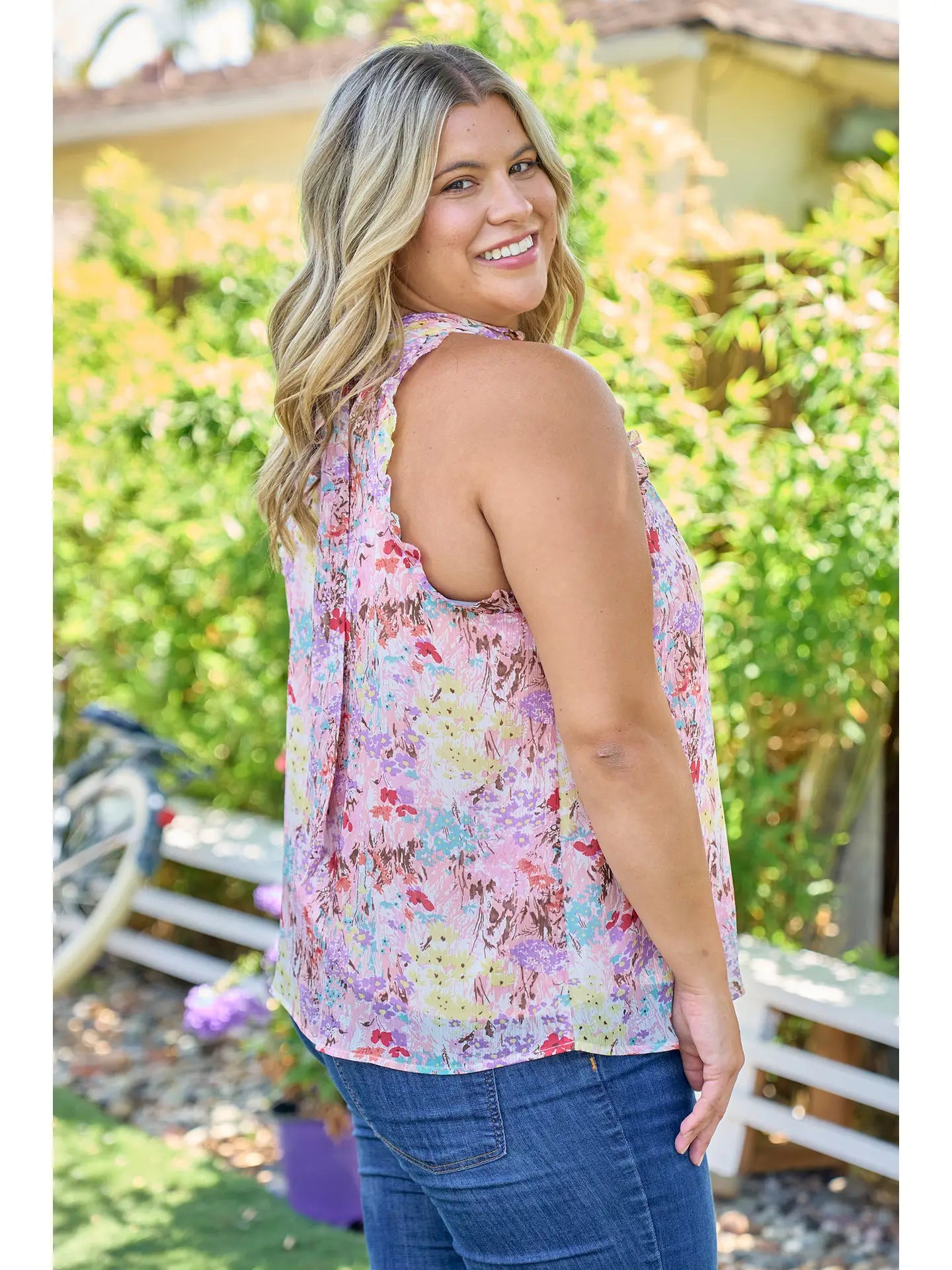 Watercolor Floral Ruffle Neck Top