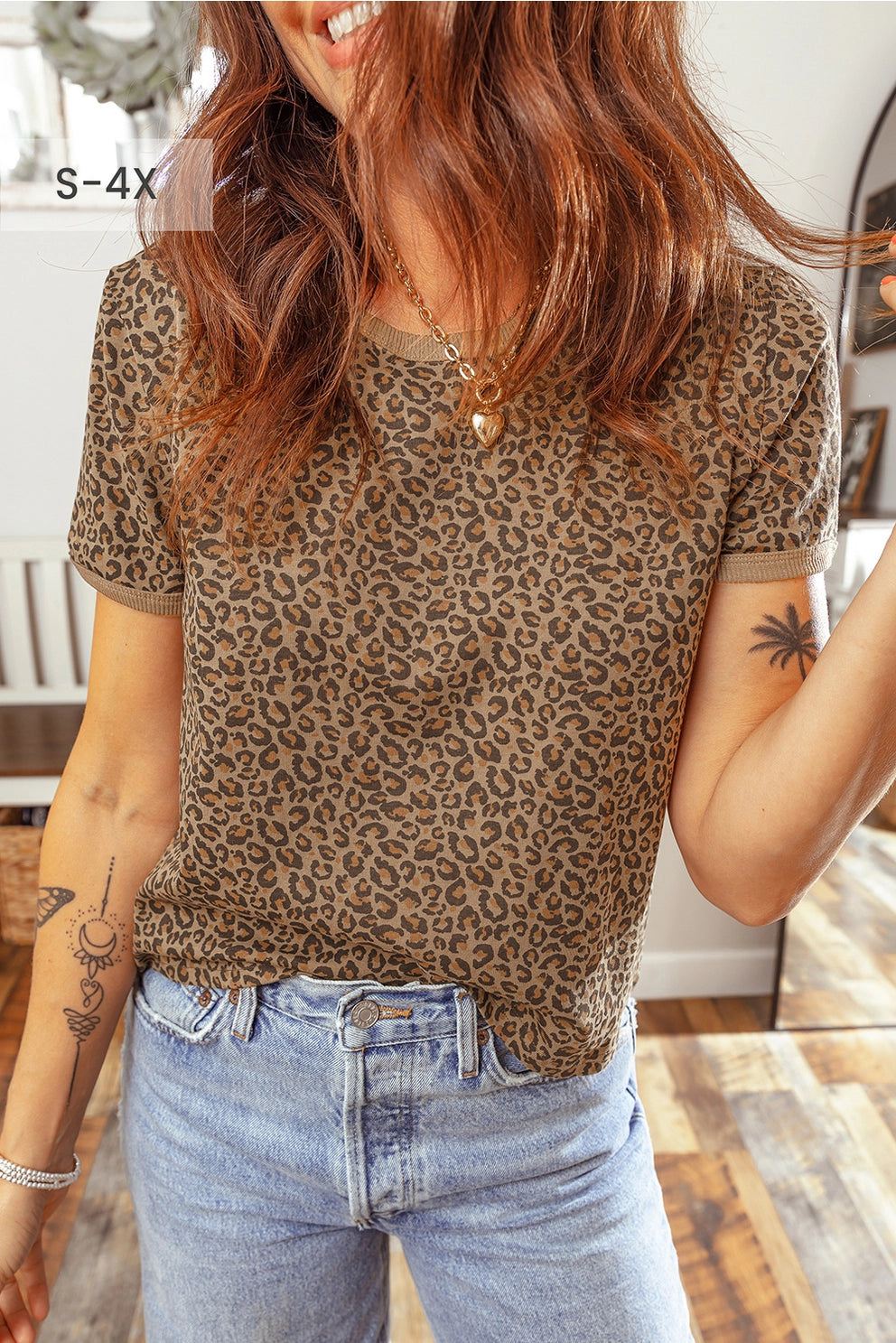 Rib Trimmed Leopard Tee