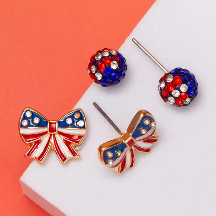 American Flag Bow Earring Set