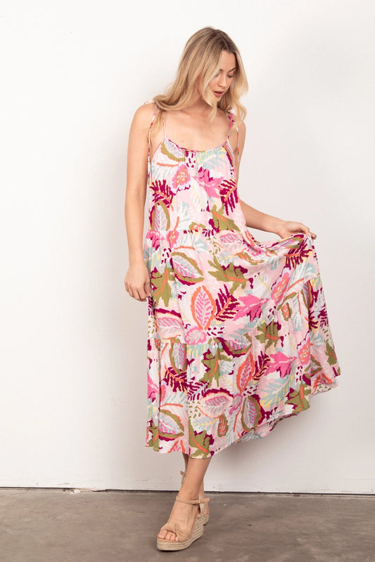 Sleeveless Tropical Print Midi Dress