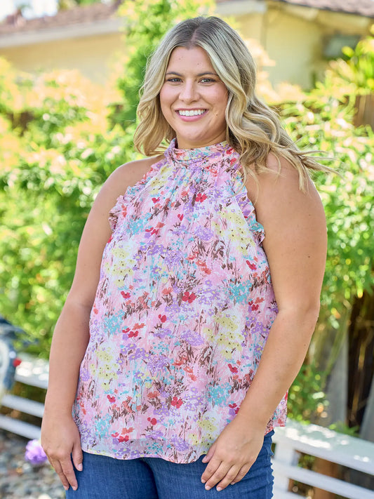 Watercolor Floral Ruffle Neck Top