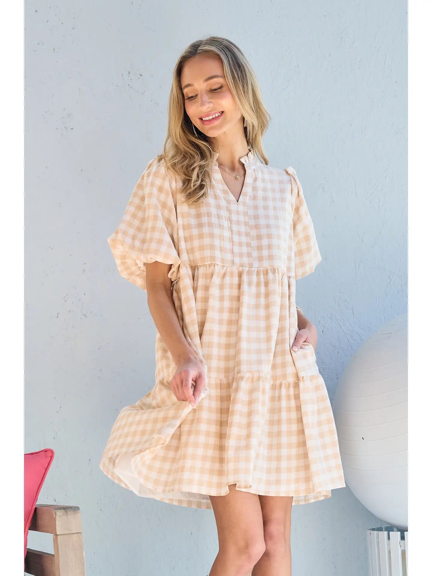 Split V Neck Checkered Tiered Dress