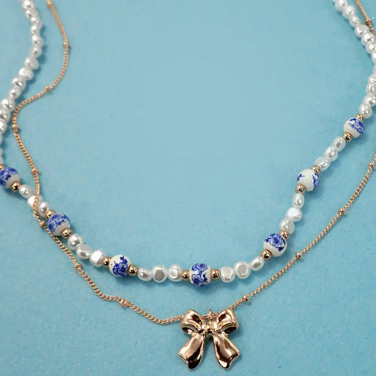 Blue Porcelain Bow Layer Necklace