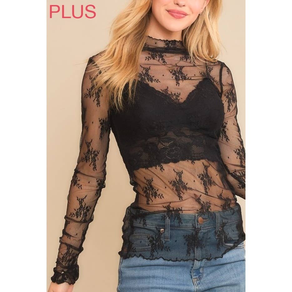 Mesh Lace High Neck Long Sleeve Fitted Top- Black