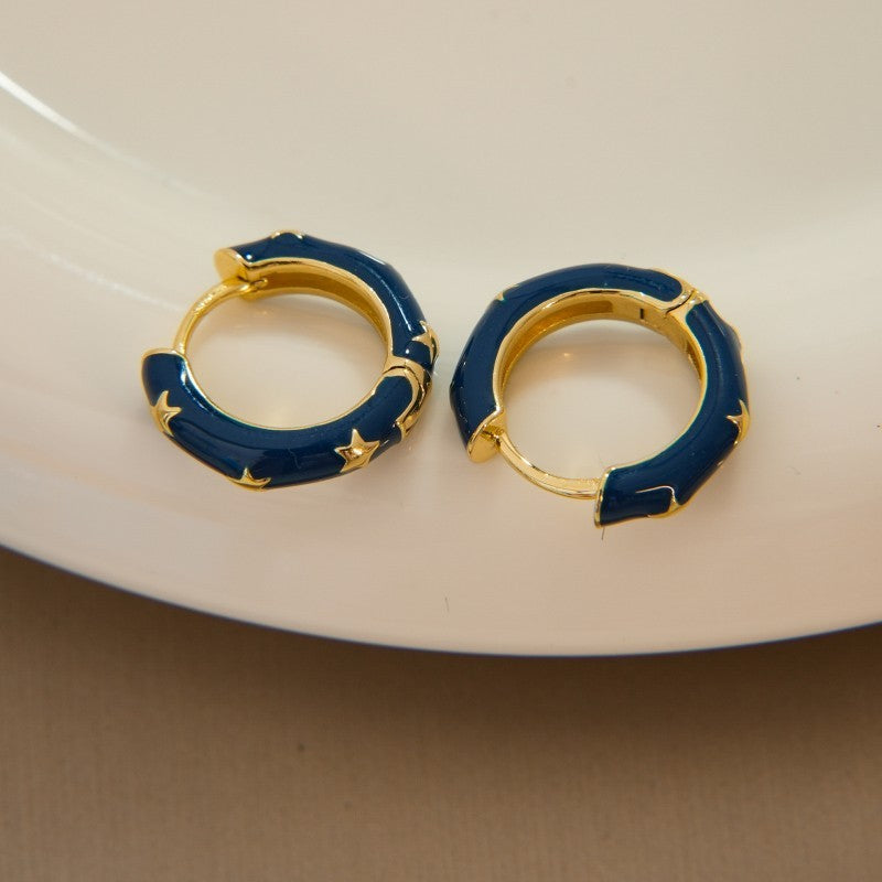 Vintage Star Huggie Hoop Earrings- Blue