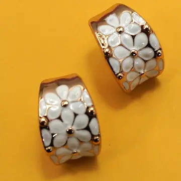White and Gold Floral Hoop Earrings
