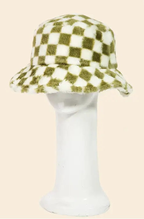 Olive Fuzzy Checkered Hat