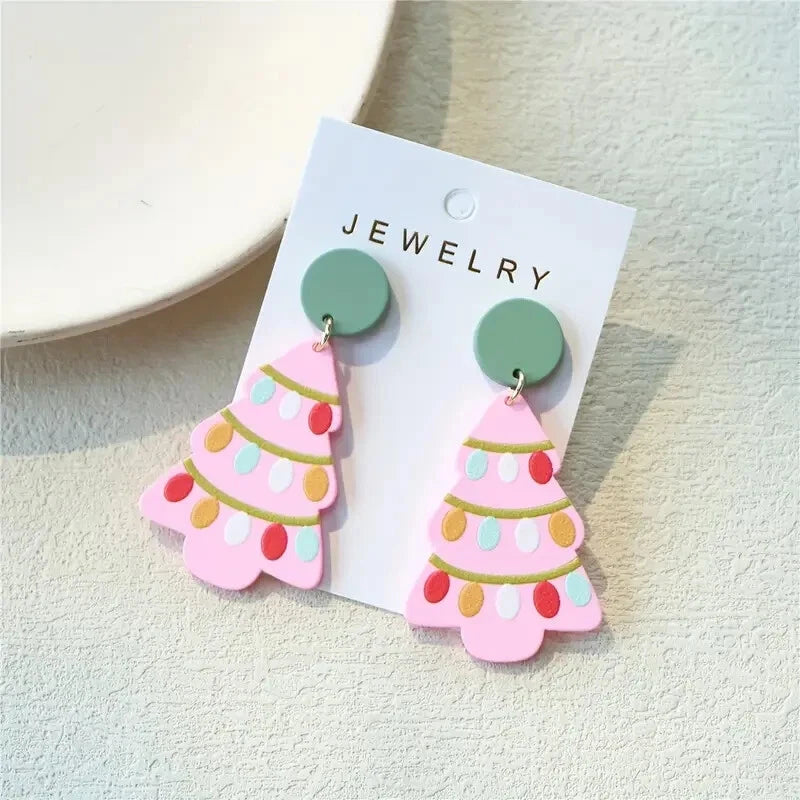 Pink and Green Christmas Tree Earrings